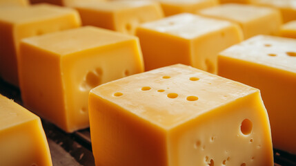 Blocks of cheese moving on an assembly line in a modern cheese processing facility, close-up view. cheese, assembly line, conveyor, closeup, factory, dairy, automation, production,