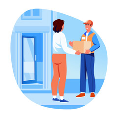 Flat style illustration of a delivery boy giving a parcel to a customer
