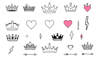 collection of various crown and heart icons, featuring different styles and designs, including lightning symbols, showcasing playful and creative aesthetic