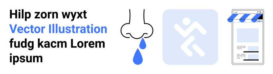 Nose dripping blue liquid, emergency escape symbol, and mobile storefront. Ideal for health awareness, safety alerts, online shopping, medical themes, hygiene, emergency and a simple landing page