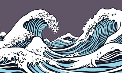vibrant illustration of stylized ocean waves, showcasing dynamic movement and intricate details in blue and white tones, evoking sense of energy and tranquility