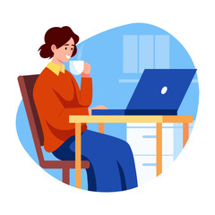 Flat illustration of a character working on laptop and sipping coffee