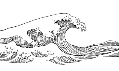 detailed line drawing of large ocean wave, showcasing intricate patterns and textures in water, evoking sense of movement and energy