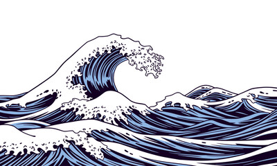 stylized illustration of ocean waves, featuring dynamic curves and frothy crests in shades of blue and white, evoking sense of movement and energy