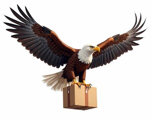 Obraz premium an eagle flies delivering a box package isolated on white background. Hasilkan AI