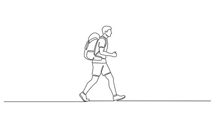 One-Line Art of a Backpacker Walking Against a Minimalist Background  