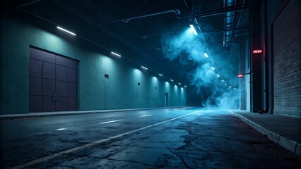 A futuristic urban tunnel at night with glowing lights, dense blue fog, and a mysterious, deserted atmosphere