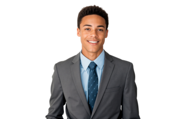 Smiling young businessman in formal suit isolated on transparent background