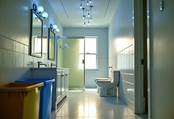Spotless Bathroom with recycling bins during string lights