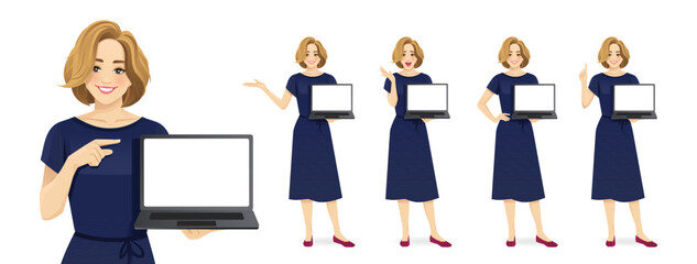 Beautiful business blond woman wearing formal outfit showing blank screen laptop computer standing in different poses. Isolated vector illustration