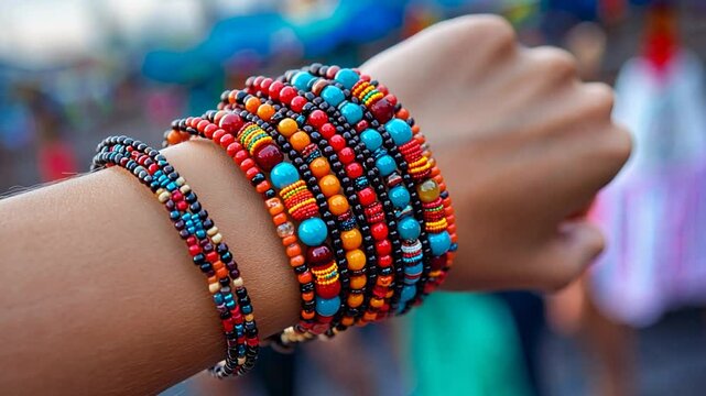 Colorful beaded bracelets on wrist, festival background, vibrant display, fashion accessory, possible use for jewelry ads