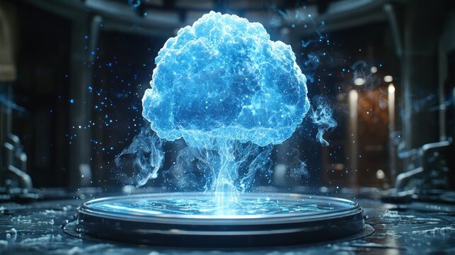 Holographic blue nebula cloud formation in center of a futuristic room