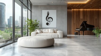 A minimalist design of a music note floating in an empty room with acoustic panels and clean lines