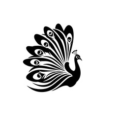 Obraz premium Peacock Silhouette in Elegant Silhouette: A striking black and white image of a peacock, radiating elegance with its fanned feathers in a bold, graphic style.