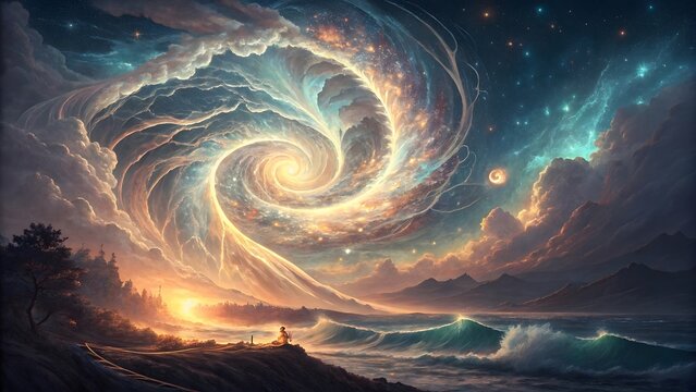 A glowing vortex of light and energy swirling in the sky symbolizing the cyclical nature of time and memory with ethereal waves of energy blending past present and future in a spiritual dance