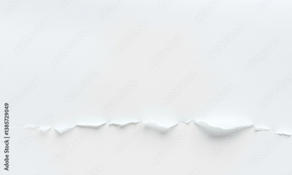 Poster close up view of torn white paper background, showcasing texture and edges of tear, creating subtle 
