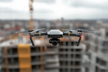Drone operator controls unmanned aerial vehicle over urban construction site in cloudy weather