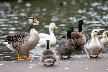 Obraz premium Ducks and geese walking along the pond edge on a sunny day at a tranquil farm setting