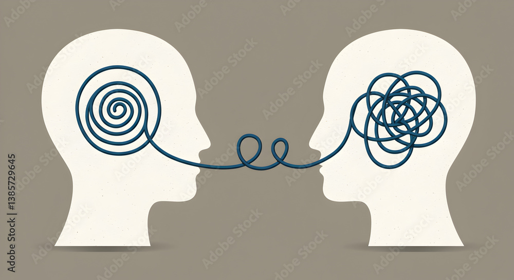 Poster conceptual illustration of interpersonal communication with two human head silhouettes and connected
