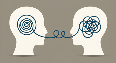 Conceptual Illustration of Interpersonal Communication with Two Human Head Silhouettes and Connected Strings on a Neutral Background