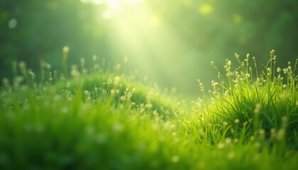Fototapeta premium Serene Sunlight Glade Fresh Green Grass With Wildflowers On Spring Meadow