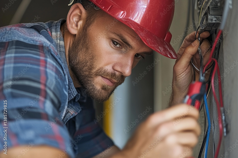 Poster electrician using a voltage tester to check electrical wires in a residential setting during daytime