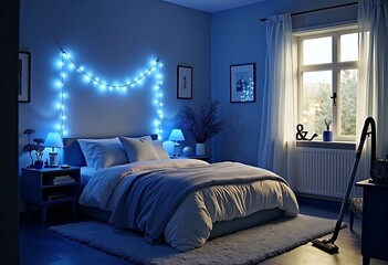 Organized Bedroom with vacuum cleaner during fairy lights