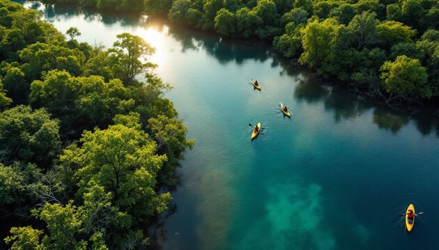 Aerial shot of two kayakers navigating through a lush green mangrove forest. The tranquil river winds between dense foliage, creating a serene, adventurous scene at sunset.