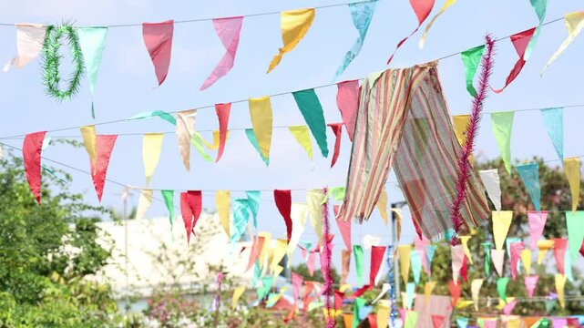Colorful Triangle Flags Dancing in the Breeze Against a Clear Sky