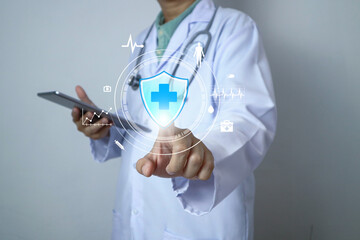 Medical worker touch digital healthcare network connection medical cross shape,displaying...