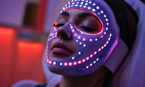 Close-up of woman wearing glowing LED therapy mask in futuristic beauty treatment setting. Concept of modern skincare technology