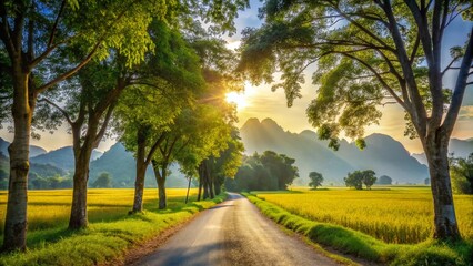 Scenic Country Road: Tall Trees, Rice Fields, Mountain Vista - 8K Stock Photo