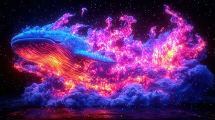 Fototapeta premium Illuminated whale surrounded by swirling vibrant colors against a starry backdrop