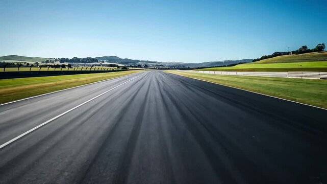 Smooth asphalt racetrack stretches into distance, surrounded by lush green hills and clear sky, evoking sense of speed and outdoor driving in natures serene landscape.