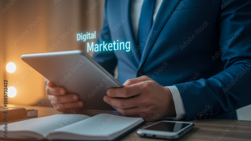 Poster professional man in suit using tablet for digital marketing strategies in modern workspace with smar