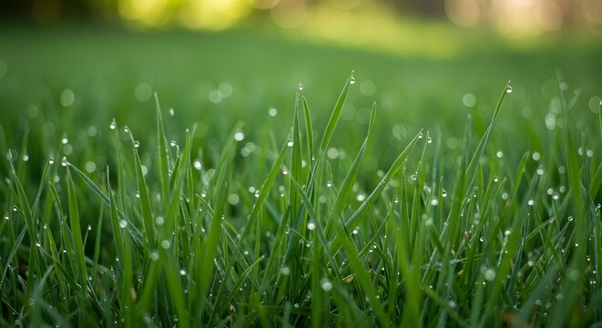 Fresh morning dew on vibrant green grass a serene nature scene with soft natural light and a blurred background capturing the beauty of a dewy lawn AI Generative
