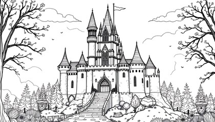 Obraz premium Enchanting castle amidst nature's embrace in a detailed line art illustration