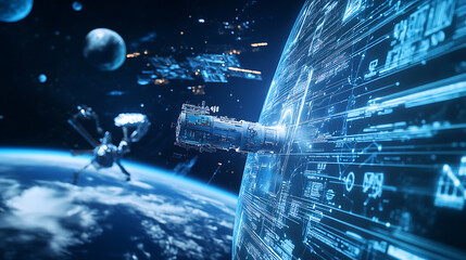 An AI powered system enhancing space mission data analysis by analyzing real time satellite data and space environment conditions, futuristic AI-driven space research facility, Space technology style