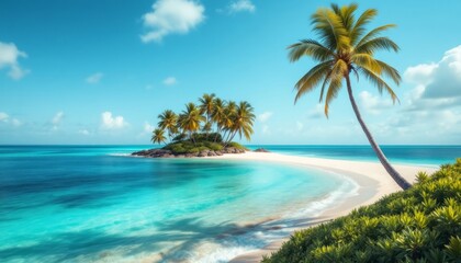 Serene tropical island scene featuring a pristine beach, lush palm trees, and turquoise waters under a bright blue sky with fluffy white clouds. Ideal for promoting travel and relaxation.