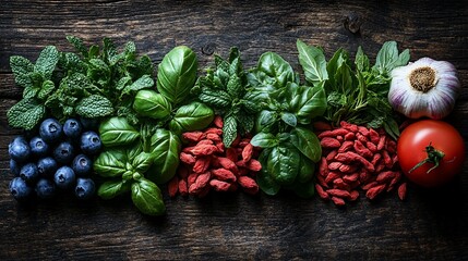 Flatlay of blueberries, basil, goji berries, mint, garlic, and tomato on rustic wood.