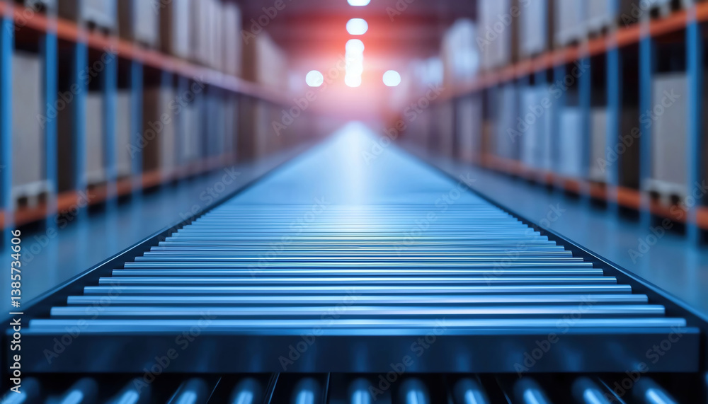 Poster automated conveyor belt system in warehouse, featuring smooth rollers and well organized storage are