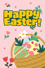 happy easter poster and card design. bunny and eggs hand drawing style. 