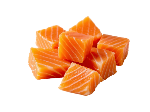 Fresh Raw Salmon Cubes with Marbled Texture, Vibrant Orange Color, Neatly Arranged for Culinary Preparation PNG Isolated Transparent White Background Stock Object Photo Download