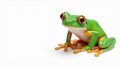 Fototapeta premium Green tree frog perched on white, vibrant colors, amphibian, isolated, reptile
