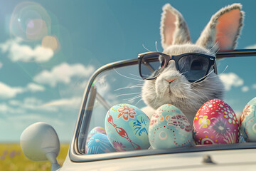 Easter bunny with Easter eggs bunny showing from a car