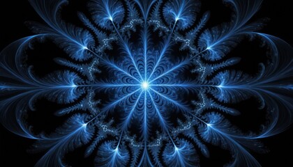Abstract blue fractal symmetrical flower on a black background