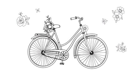 Vintage Bicycle Adorned with Floral Elements in Black and White Line Art