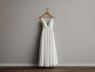 Fototapeta premium Elegant bridal gown with a flowing chiffon train, displayed on a gold hanger, isolated, bridal dress, luxurious and timeless