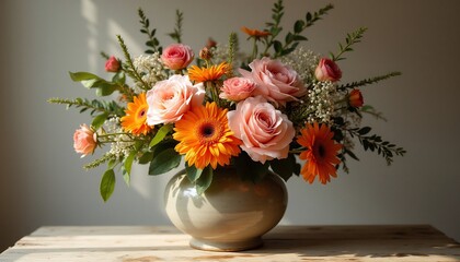 Elegant Floral Arrangement Of Roses And Gerbera Daisies In A Ceramic Vase