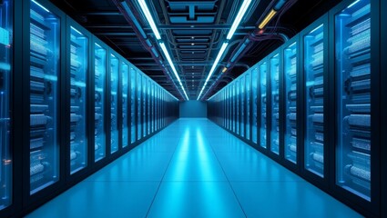 Fototapeta premium Inside view of a high-tech server room with rows of glowing LED lights, organized cables, and a cool blue tone
